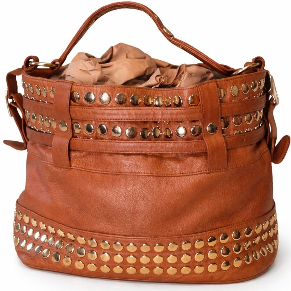 Vtg. Rebecca Minkoff Brown Pebbled Leather Studded Slouchy Hobo Bag - Picture 2 of 12